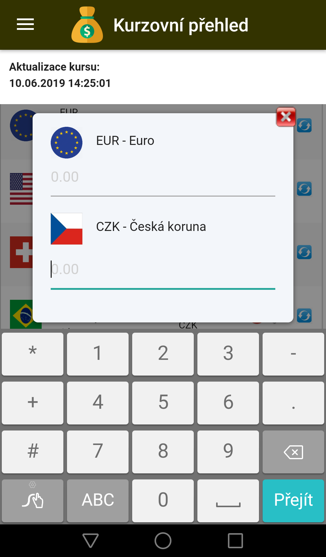 Ukázka převodu měny EURO